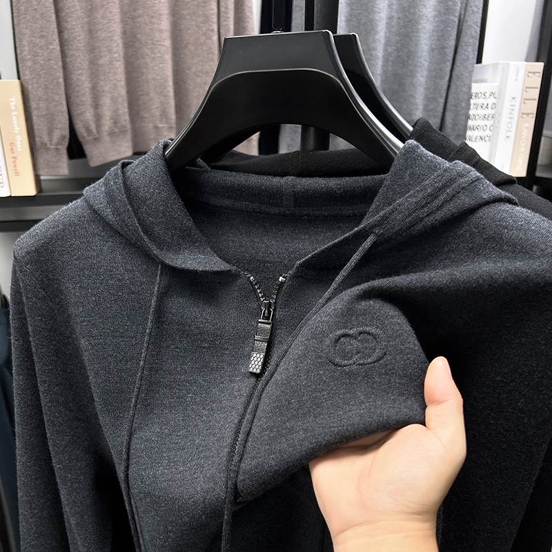High-End [100% Worsted Wool] 405g Medium-Thick Zippered Hooded Wool Sweater Cardigan Jacket Men's Sweater