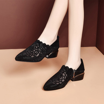 Spring and summer new hollow leather single shoes pointed toe medium-heel womens shoes slip-on slip-on shoes non-slip thick-heeled rhinestone shoes