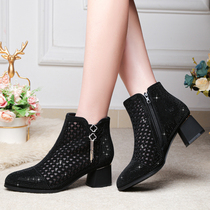2022 summer new leather mother mesh hollow short boots soft sole single boots thick heel breathable rhinestone cool boots mesh boots