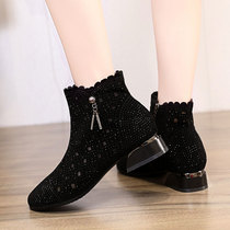 Hollow mesh womens boots 2022 summer new thick heel round toe all-match leather single boots fashion rhinestone soft leather sandals