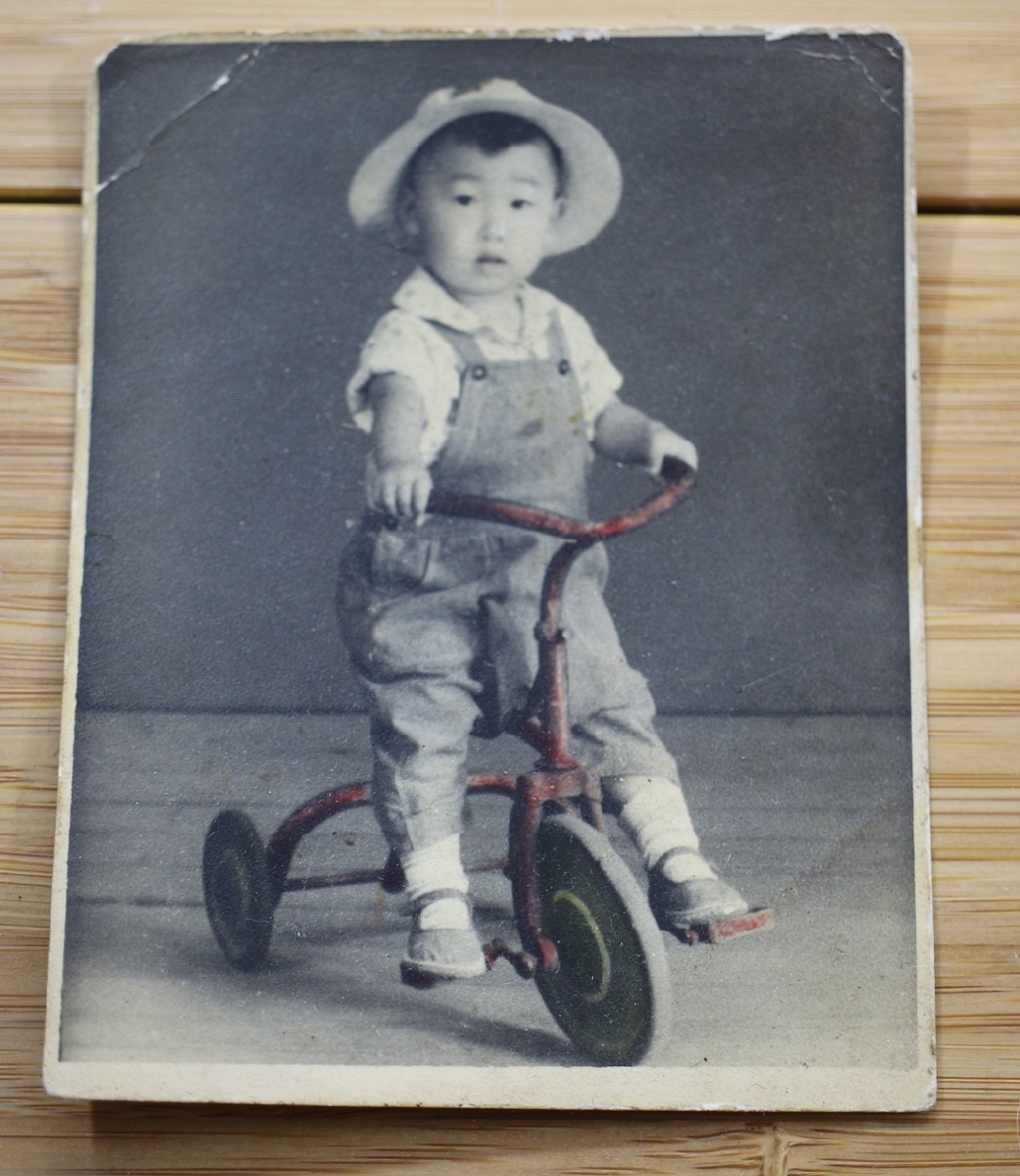 Old photo of children riding tricycles in the 1950s