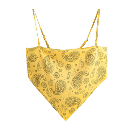 欧美风女装新款显瘦肚兜式复古花色印花一字肩小背心系带抹胸上衣