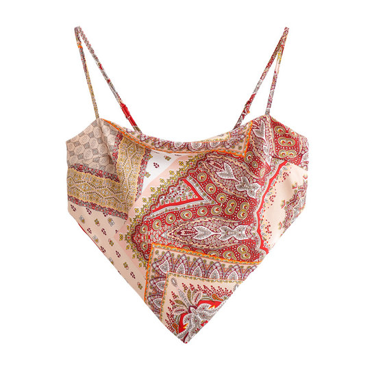 欧美风女装新款显瘦肚兜式复古花色印花一字肩小背心系带抹胸上衣