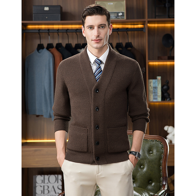 Men's Wool Cardigan Office Warm Knitted Jacket Autumn and Winter V-Neck Sweater Men's New High-End Wool Sweater Men