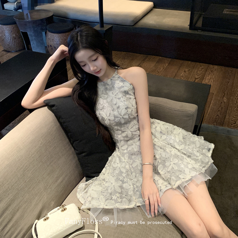 Fanyfloss Palace-Style Patchwork Diamond-Embellished Floral Halter Lace Dress French Mesh Embroidered Tutu Skirt