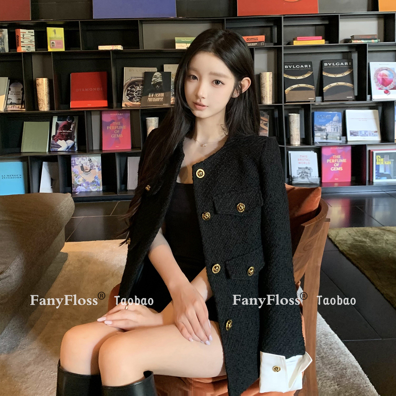 Fanyfloss High-End Black Patchwork Woolen Mid-Length Coat for Women, Casual Loose Stylish Office Lady Suit Fanyfloss High-End Black Patchwork Woolen Mid-Length Coat for Women, Casual Loose Stylish Office Lady Suit