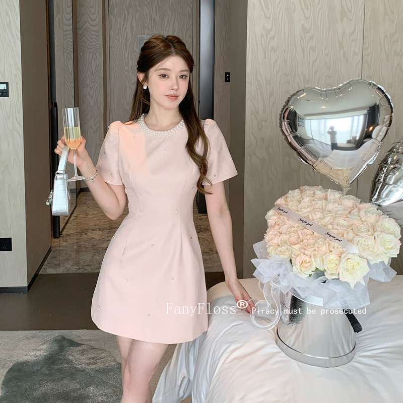 Fanyfloss Small Fragrance Style Pink Rhinestone Waist-Cinching Dress for Women, French Slimming Pearl Elegant Party Short Dress