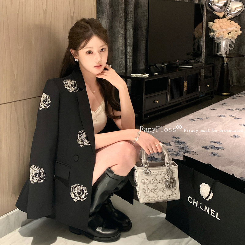 Fanyfloss Light Luxury Black Diamond-Encrusted Loose-Fitting Ol Casual Blazer, Elegant Sequin Party Suit for Socialites