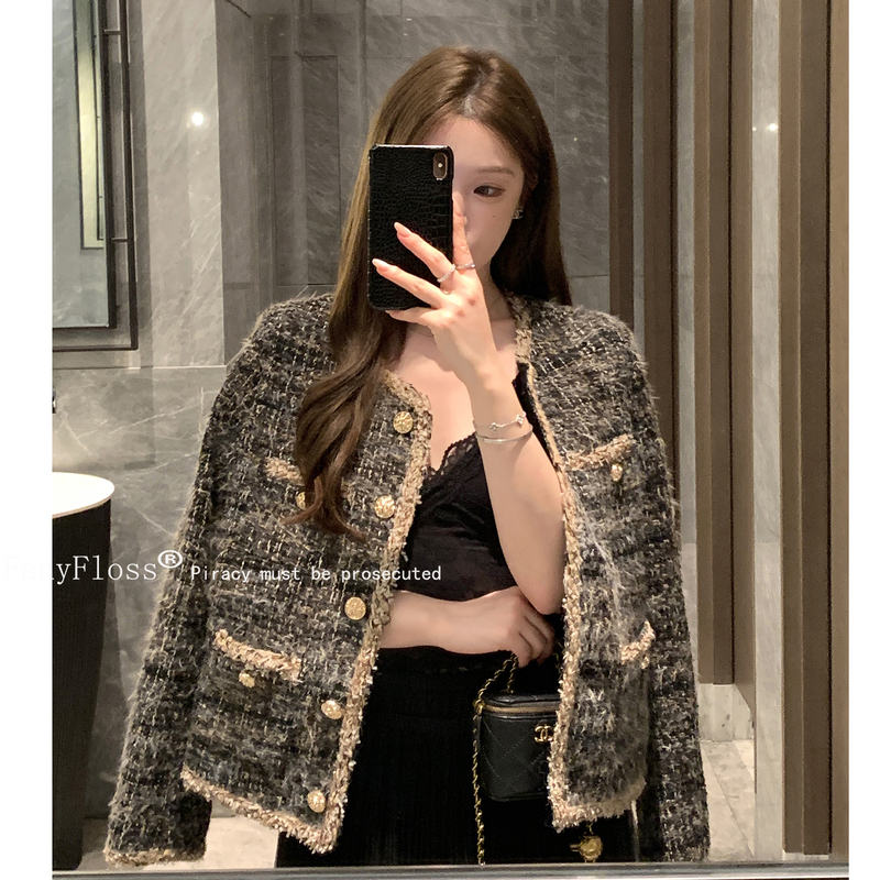 Fanyfloss Retro Loose Fur-Trimmed Tweed Short Coat Single-Breasted Woven Stylish Party Cardigan