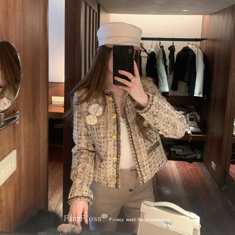 Fanyfloss Chanel-Style Three-Dimensional Floral Sequin Tweed Short Jacket Petite Woven Blazer Cardigan