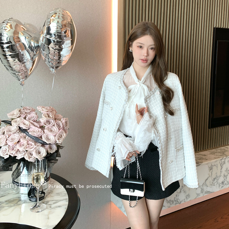 Fanyfloss High-End Woven Plaid Tweed Blazer, Light Luxury Double-Breasted Casual Loose Cardigan