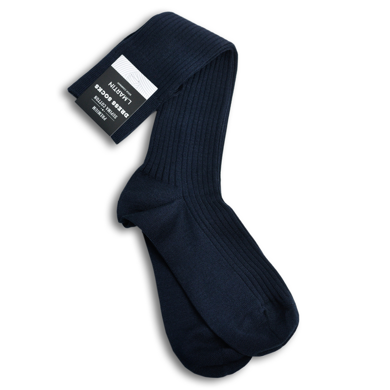 L.Martin Men's Gentleman's High Long Formal Business Socks 100Pima Pure Cotton Navy Blue 3 Pairs