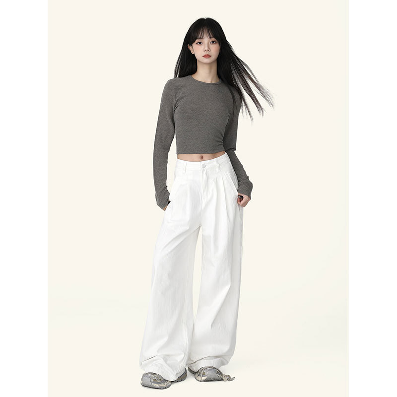 Uncoo White High-Waisted Wide-Leg Pants for Women with Pleated Design, Textured Feel, Versatile Straight-Leg Pants That Make You Look Taller and Slimmer, Floor-Length Pants