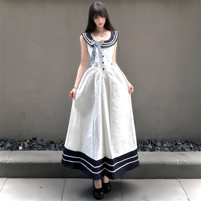 Ootd French Nautical Vacation Style Sailor Dress with Contrasting Color Patchwork, Women's Summer New Waist-Cinching A-Line Long Dress