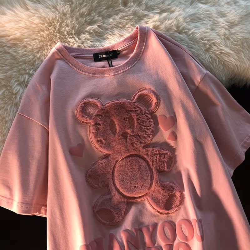 2021 summer new bear short-sleeved T-shirt female student loose half-sleeve round-neck versatile T-shirt ins tide women's top