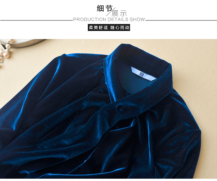 Châu Âu và Hoa Kỳ mùa thu và mùa đông phao chì miễn phí áo nhung vàng nữ dài tay retro khí chất con công nhung xanh hàng đầu áo sơ mi nữ dài tay cho người béo