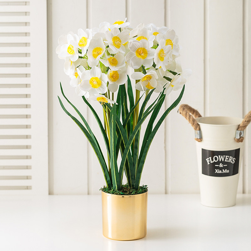 Silk flower fake flower set jewelry ornaments indoor dining table simulation narcissus dried flower potted living room home tea table decoration