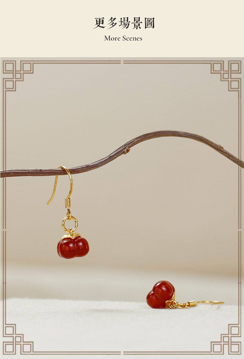 товар из китая 新中式古风汉服耳饰925银镶玉髓耳钩柿柿如意红玛瑙耳环女友礼物