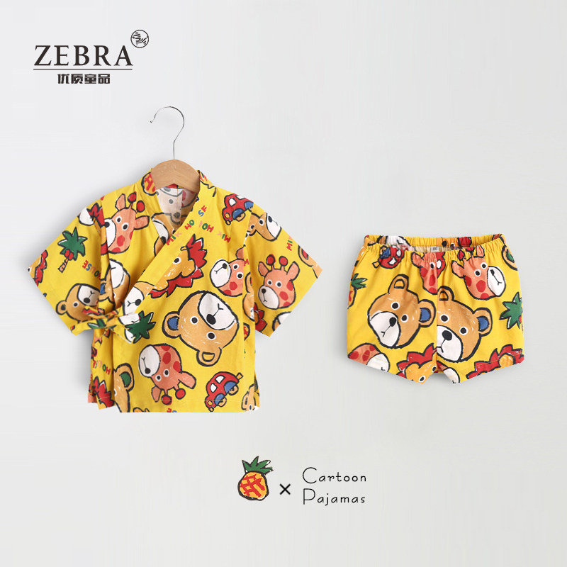 Japanese cute cartoon print children's pajamas summer baby home clothes two-piece cotton boys and girls kimono