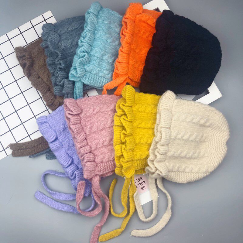 Spring and Autumn New Baby Korean Edition Knit Warm Lace Court Hat Baby Girl Solid Color Ear Protector Sweater Hat Winter Tide