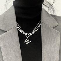 Titanium steel sexual cold wind letter necklace double stack wearing sweater chain Joker simple hip hop Cuban chain Korean female
