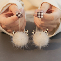 Autumn and winter Christmas checkerboard deer fur ball earrings ins girl plush earrings Net red earrings earrings