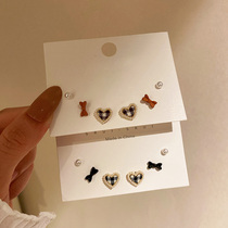 Autumn and winter set 925 silver pin love plaid earrings ins bow earrings Pearl retro set Girl earrings