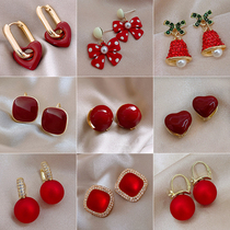 Autumn and winter niche red earrings female personality silver needle design sense Chinese style earrings retro New year ear buckle earrings tide