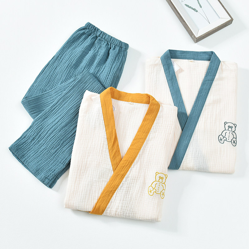 Day style kimono pyjamas lady pure cotton gauze 70% sleeves long pants embroidered little bear minimalist around spring and autumn home suit suit
