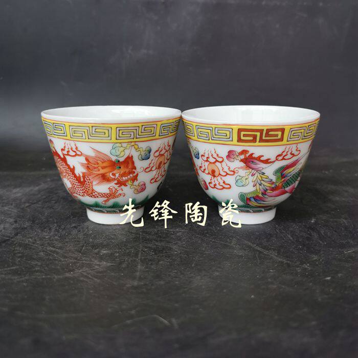 Jingdezhen master cup pure handmade retro style pastel hand-painted dragon and phoenix tea cup old factory firewood kiln hand-painted tea cup