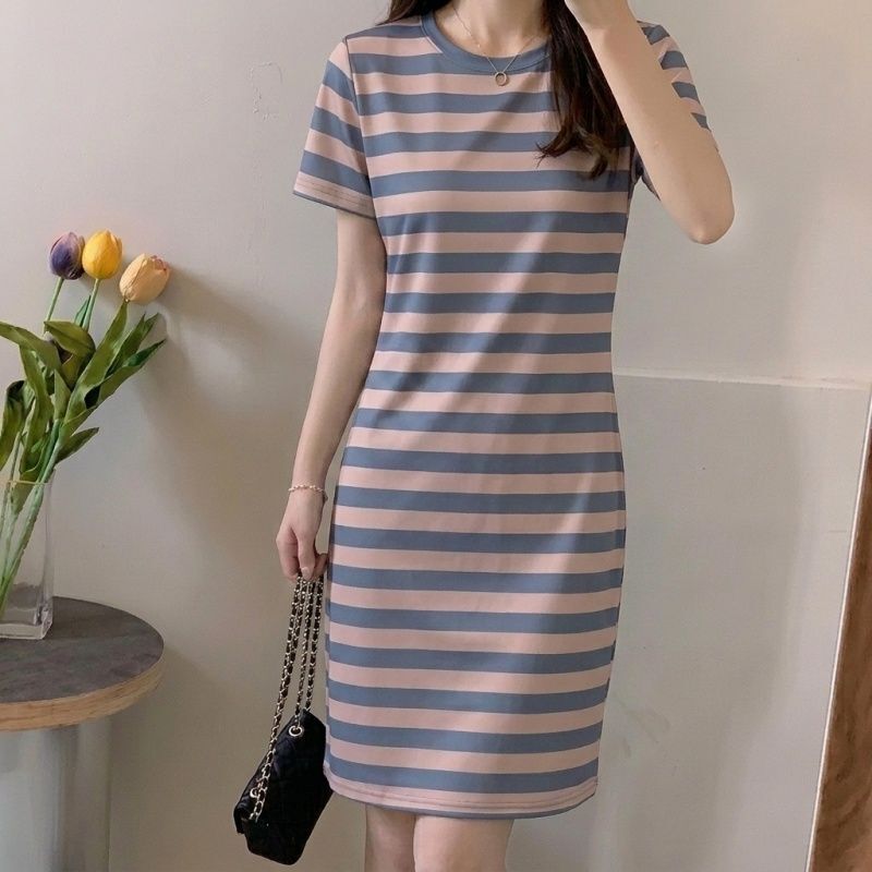 Casual, Flesh-Covering, Fashionable Striped Round-Neck Casual Dress, Mid-Length, Summer, Over-The-Knee, Loose, Slimming, Short-Sleeved Dress for Women Casual, Flesh-Covering, Fashionable Striped Round-Neck Casual Dress, Mid-Length, Summer, Over-The-Knee, Loose, Slimming, Short-Sleeved Dress for Women