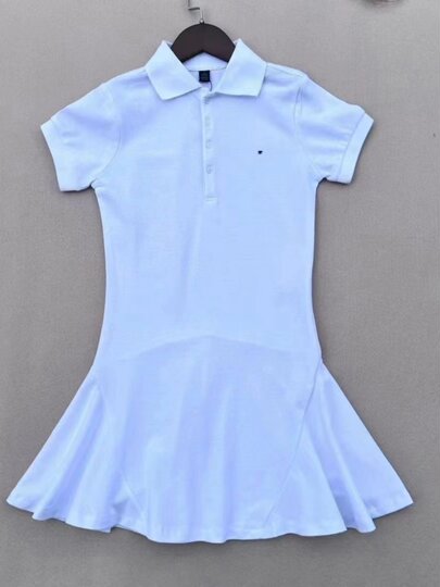 New Summer Girls' Simple and Stylish Casual Fashion Polo Dress with Short Sleeves and Turn-Down Collar, Made of Pique Cotton, Tennis Dress