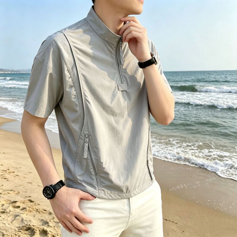 Summer Men's Simple Mesh Patchwork Stand-Up Collar Half-Zip Short-Sleeved T-Shirt Outdoor Breathable Casual Versatile Top Summer Men's Simple Mesh Patchwork Stand-Up Collar Half-Zip Short-Sleeved T-Shirt Outdoor Breathable Casual Versatile Top