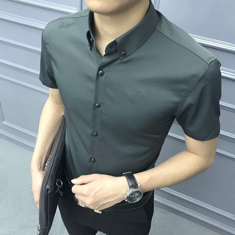 Rich bird short-sleeved shirt men's casual business slim handsome shirt mercerized cotton trend high-end men's summer