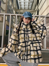 This year popular plaid lamb wool coat female winter short style loose display slim jacket tide imitation fur plush fur coat