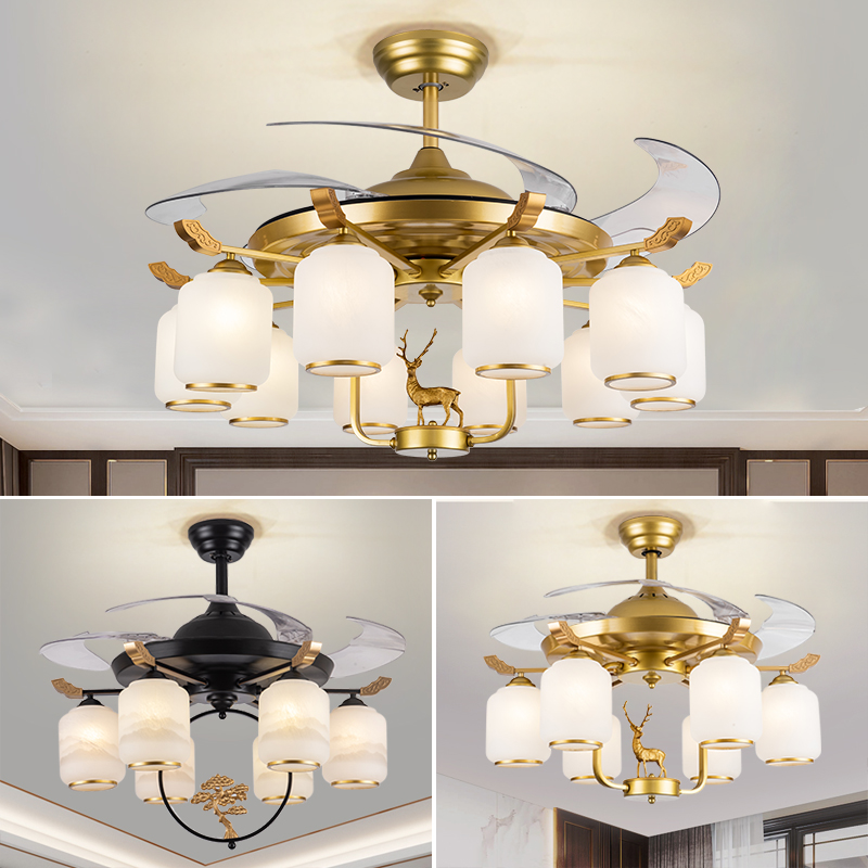 New Chinese Living Room Ceiling Fan Lamp Modern Light Lavish Dining Room Ceiling Fan Light Invisible Ceiling Fan Lamp Home Bedroom Fan Chandelia