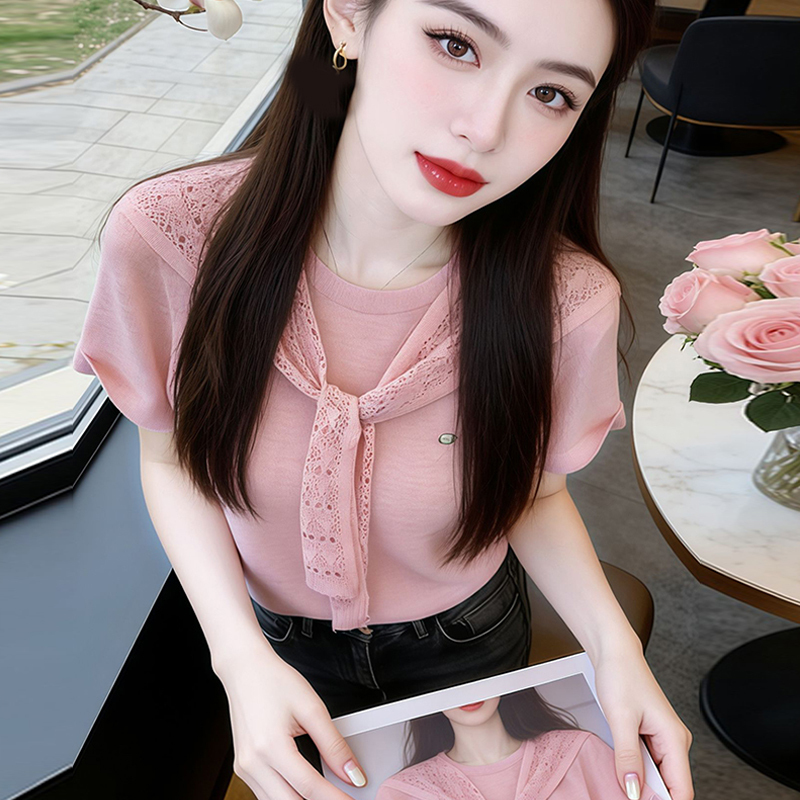 Sweet Style Pink Short-Sleeved T-Shirt for Women 2026 Summer New Style Lace Splicing Lace-Up Elegant Age-Reducing Shawl Top