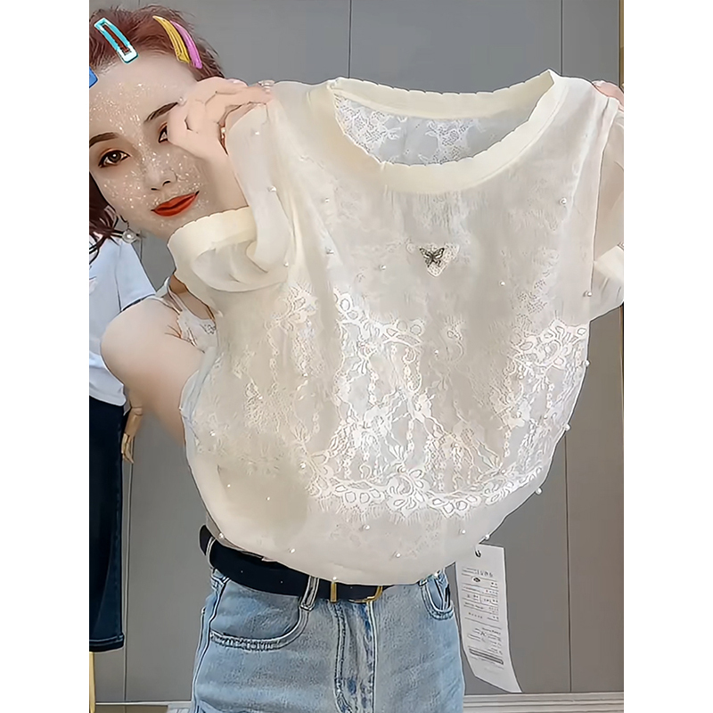 French-Style Round-Neck Embroidered Jacquard Top for Women, Trendy New Summer Style, Fashionable and Versatile Lace Shirt
