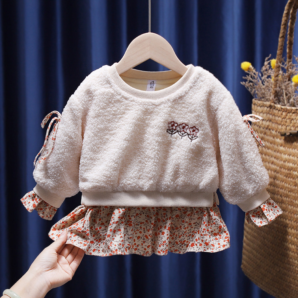 Girl's autumn winter clothing fake two clothing new Korean version of the Korean version Children and sheep lamb wool plus suede thickened warm clothes