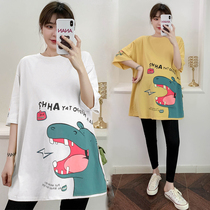 Pregnant women summer net red suit T-shirt top mid-length late pregnancy fat MM loose casual cartoon dress tide
