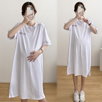 2021 summer maternity wear pure cotton T-shirt top mid-length late pregnancy fat MM large size loose breastfeeding dress