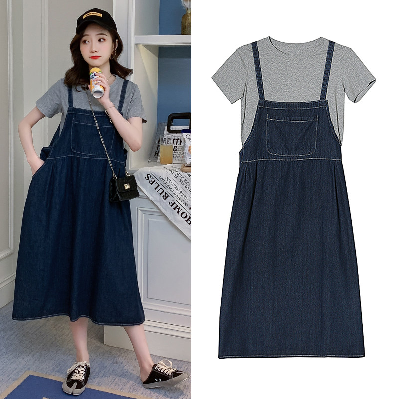 Maternity wear summer cotton T-shirt top late pregnancy fashion Western style loose and thin denim baby bag skirt two-piece set