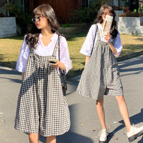 Pregnant women summer net red suit short-sleeved shirt two-piece fashion trendy mother loose and thin plaid overalls during pregnancy