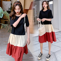 Summer gestation Fashion style Collision Color A character one-piece dress Long with a knee large size loose and thin Fat MM short sleeve T-shirt