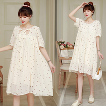 Large summer pregnant women dress in snow spinning dress long fat MM loose shade fashion mom shattered blossom dress