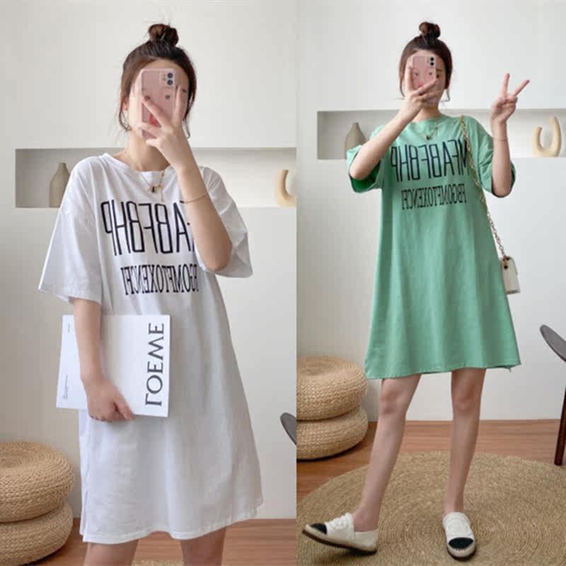 Summer maternity dress casual loose thin short-sleeved T-shirt top mid-length late pregnancy fat MM breastfeeding dress