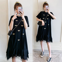 Summer gestational dress mesh yarn splicing one-piece dress mid-length gestation Large-size loose mesh red short sleeve T-shirt blouse
