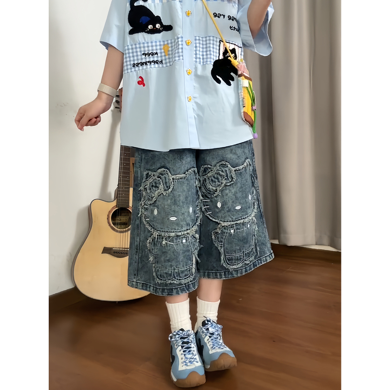 Plus-Size American Retro Cartoon Cat Embroidered Cropped Jeans for Women, New Summer Style, Loose and Versatile Wide-Leg Shorts