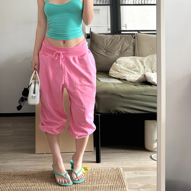 Pink Loose Casual Pants for Women with Drawstring Elastic Waist, Cropped Pants for Summer, Plus Size, Loose Fit, Slimming, Wide-Leg, Jogger Pants