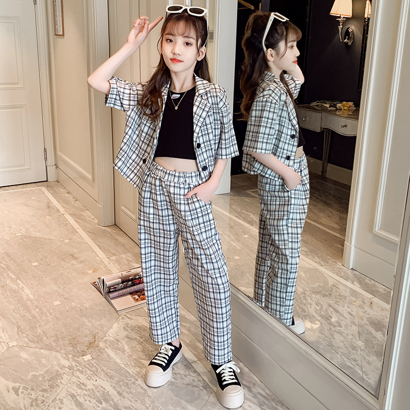 Girl's summer style suit suit 2021 new Korean version CUHK Scout Waves Little Girl Short Sleeve Plaid two sets